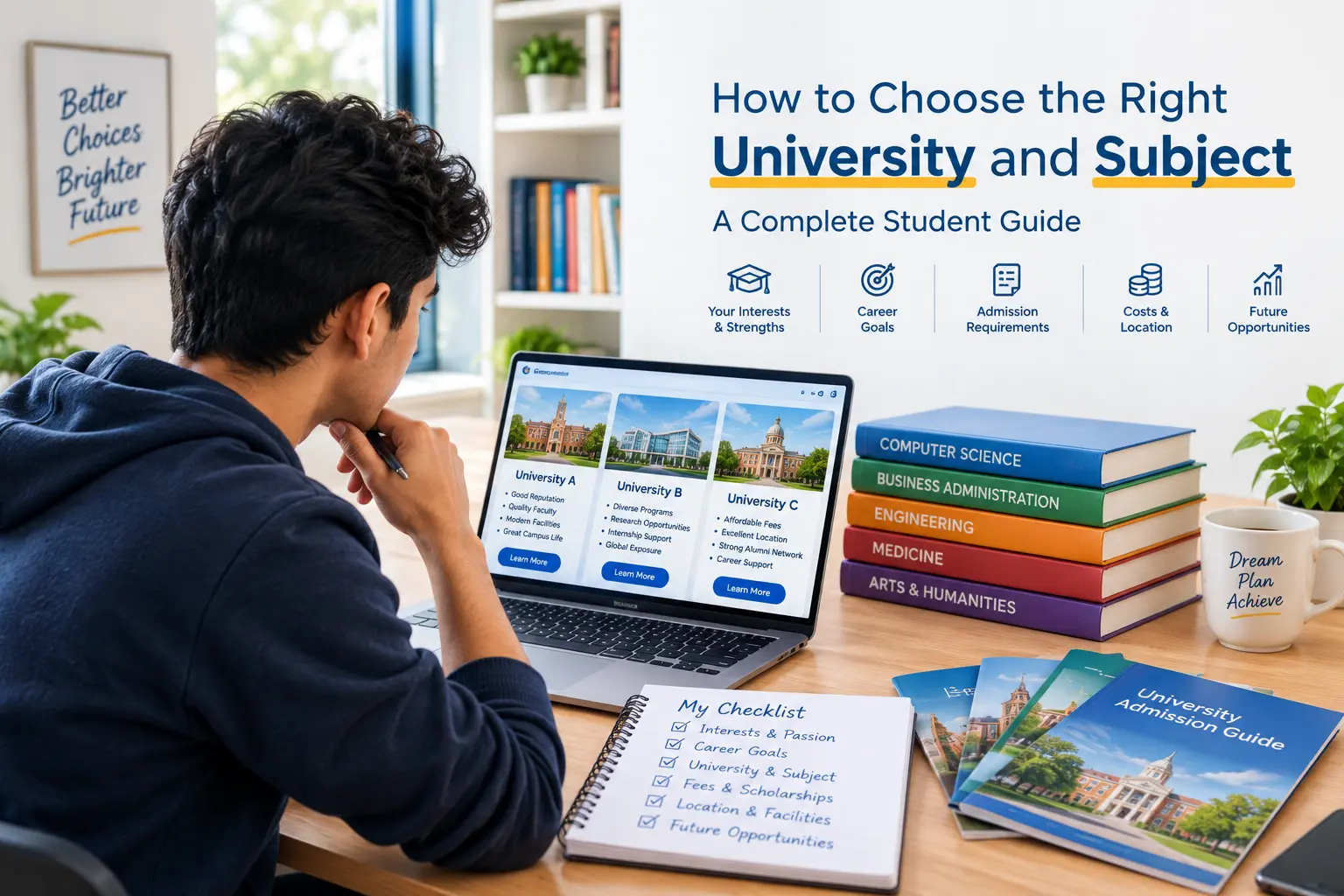 Student researching how to choose the right university and subject