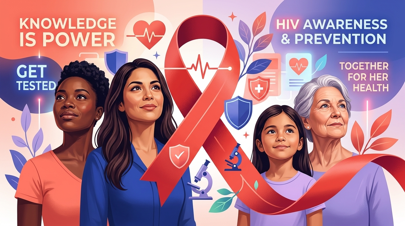 National Women and Girls HIV/AIDS Awareness Day ribbon and healthcare graphics